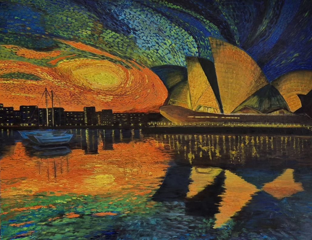 Schilderij van het Sydney Opera House bij zonsondergang, met reflecties in het water en een kleurrijke lucht vol sterren.